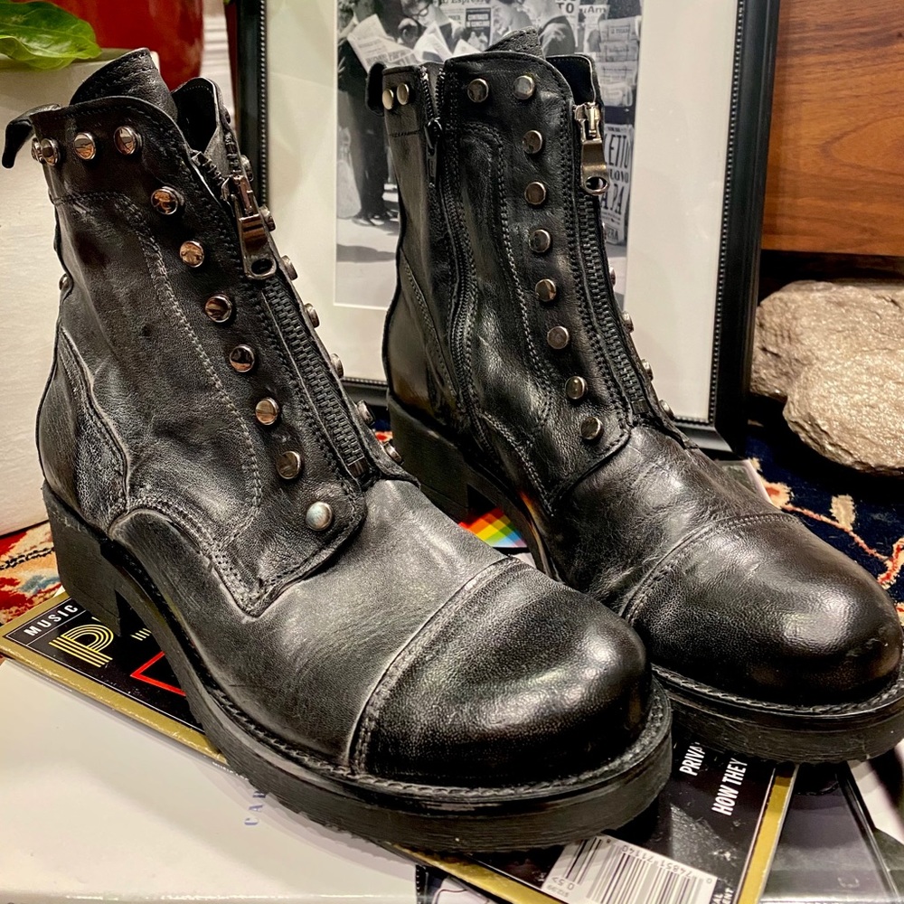Distressed black biker boots